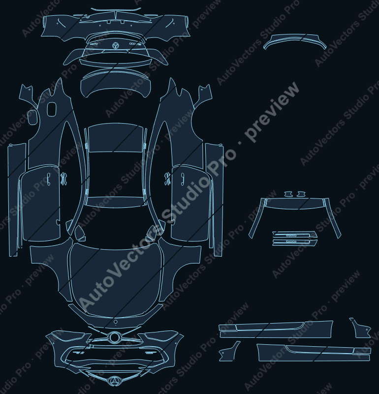 Mercedes-Benz CLE-Class AMG-Line 2024 coupe precut PPF pattern – watermarked preview from the cutting software