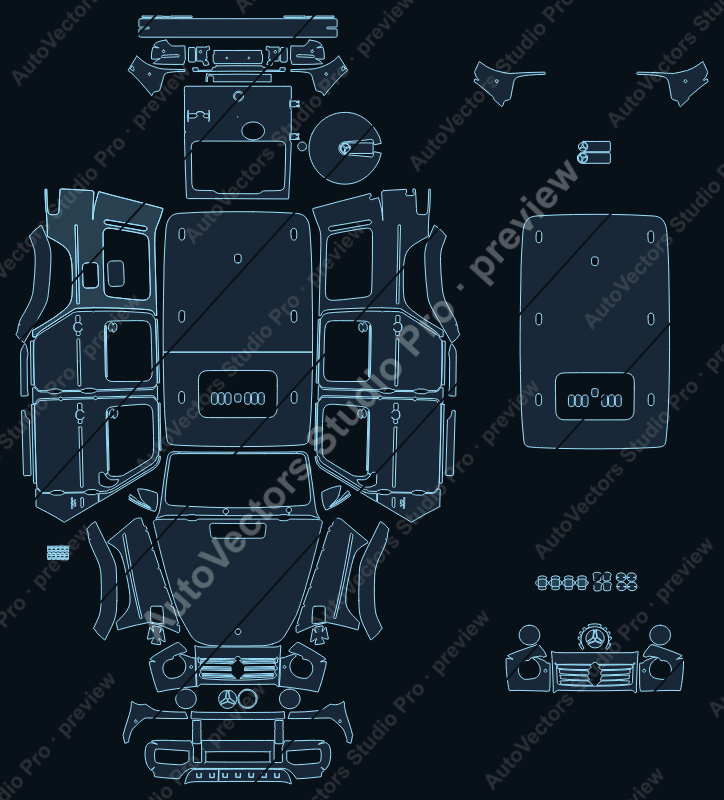 Mercedes-Benz G-Class G63 W463 2018 SUV precut PPF pattern – watermarked preview from the cutting software