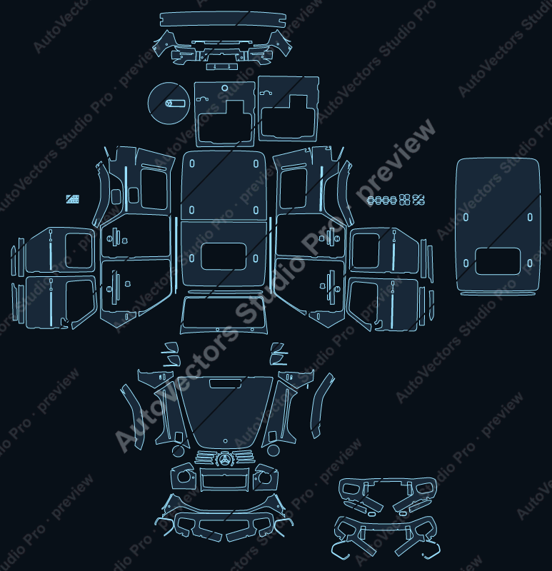 Mercedes-Benz G-Class W465 AMG Line 450D 2025 SUV precut PPF pattern – watermarked preview from the cutting software
