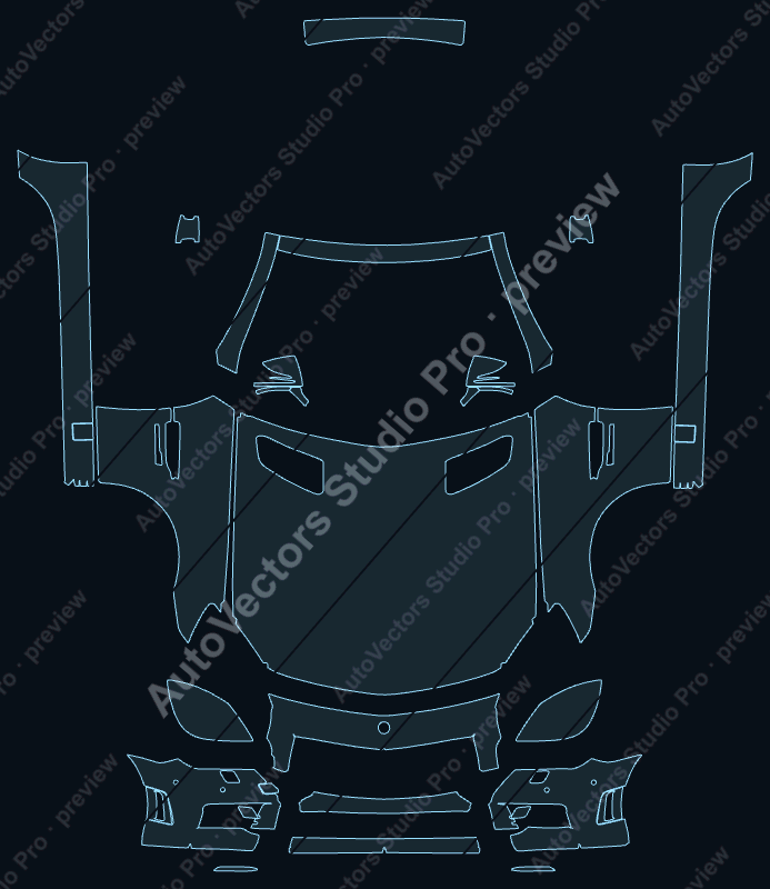 Mercedes-Benz SLK Class 55 AMG 2012 front kit precut PPF pattern – watermarked preview from the cutting software