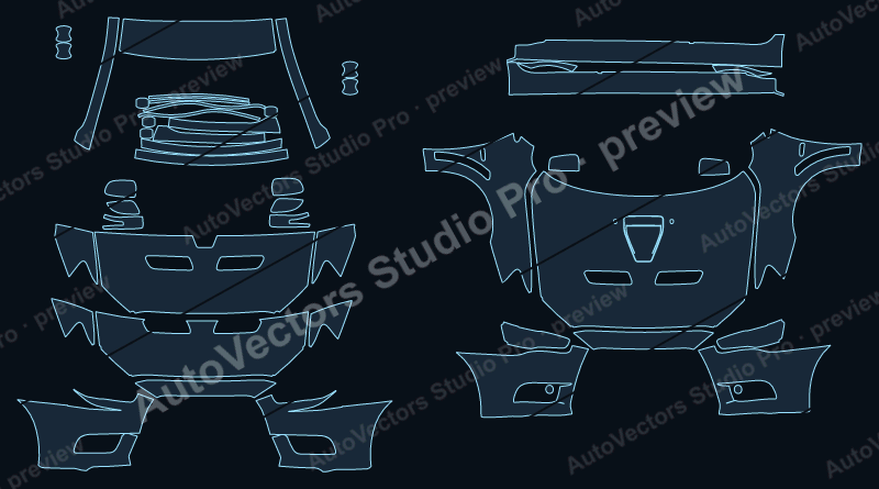 Mitsubishi Lancer Evolution X 2008 sedan precut PPF pattern – watermarked preview from the cutting software