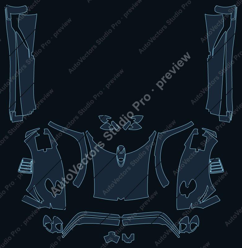 Pagani Zonda Cinque 2015 front kit precut PPF pattern – watermarked preview from the cutting software