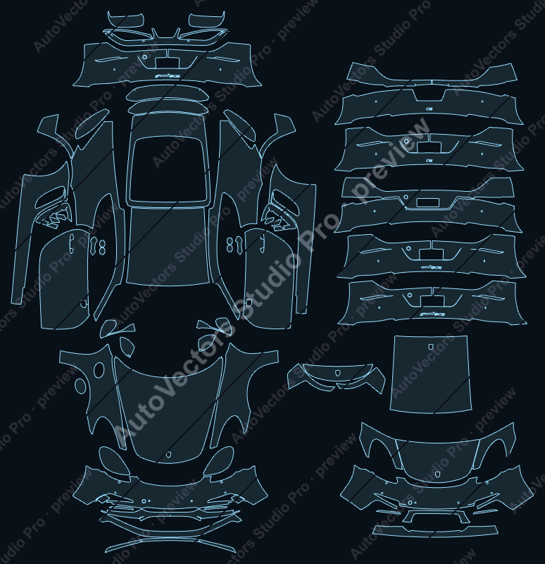 Porsche 718 Cayman Base-S 2016 precut PPF pattern – watermarked preview from the cutting software