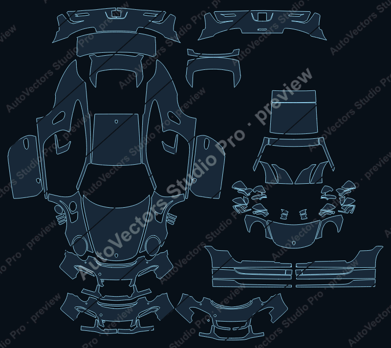 Porsche 911 991.1 GT3 RS 2015 coupe full kit precut PPF pattern – watermarked preview from the cutting software