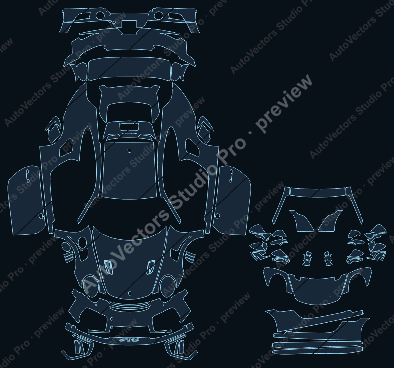 Porsche 911 991.2 GT2 RS 2018 coupe full kit precut PPF pattern – watermarked preview from the cutting software