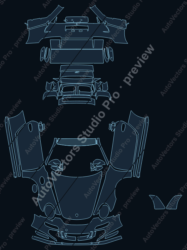 Porsche 911 997.1 GT3 RS 2007 coupe full kit precut PPF pattern – watermarked preview from the cutting software