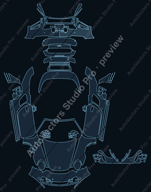 Porsche 911 997.1 Turbo 2007 convertible full kit precut PPF pattern – watermarked preview from the cutting software