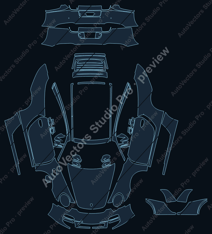 Porsche 911 997.2 Carrera 4S 2009 targa full kit precut PPF pattern – watermarked preview from the cutting software