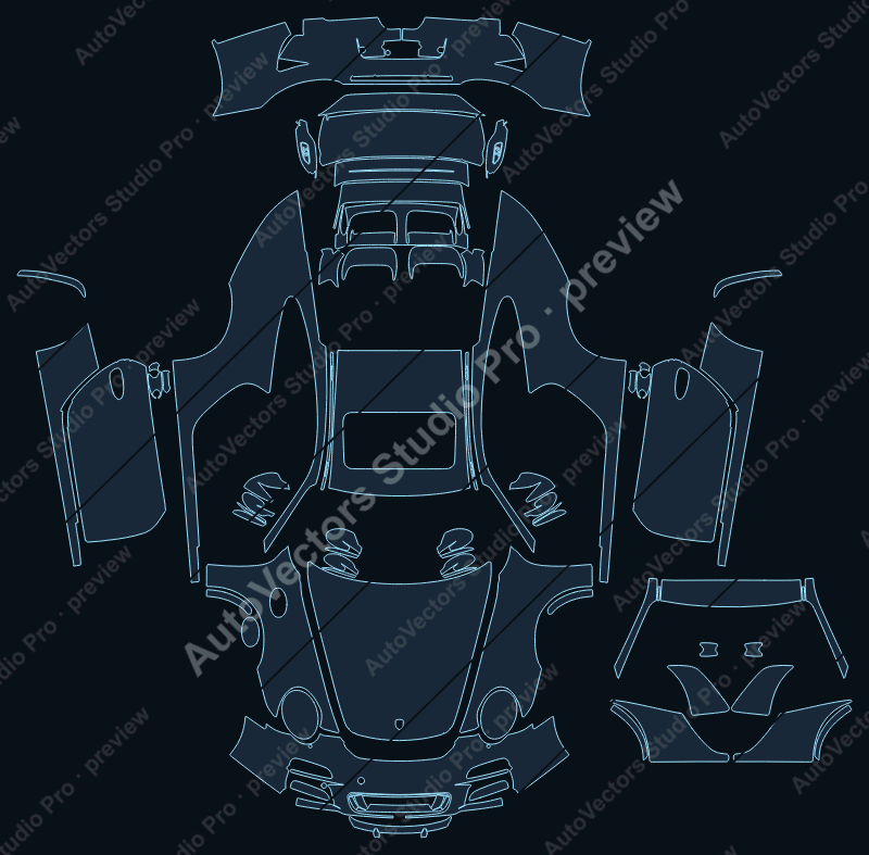 Porsche 911 997.2 GT3 2009 coupe full kit precut PPF pattern – watermarked preview from the cutting software