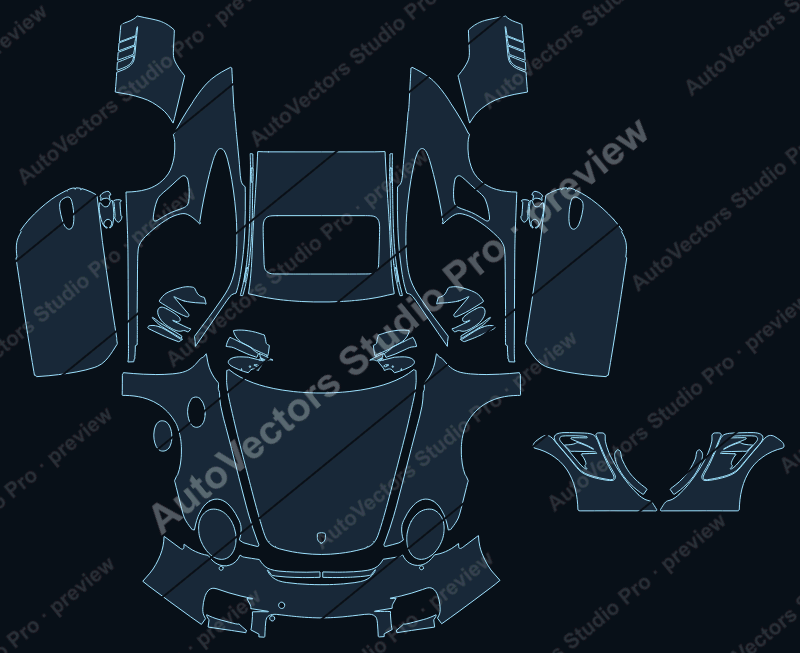 Porsche 911 997 Gen.2 GT2 2008 coupe full kit precut PPF pattern – watermarked preview from the cutting software