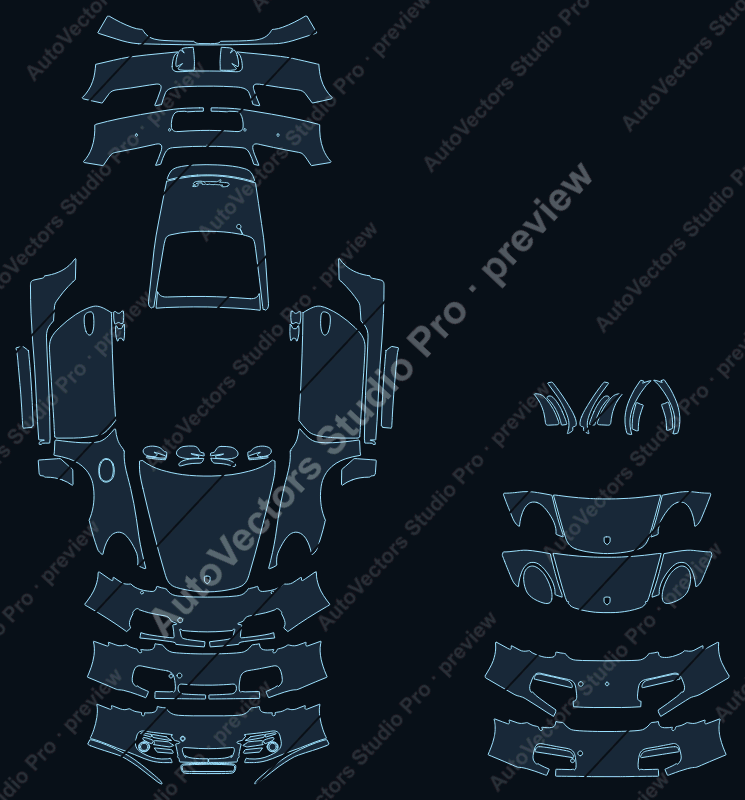 Porsche Cayman Base S 987.1 2005 coupe full kit precut PPF pattern – watermarked preview from the cutting software