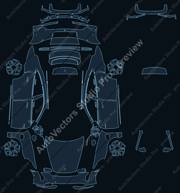 Porsche Taycan 4S 2020 sedan precut PPF pattern – watermarked preview from the cutting software