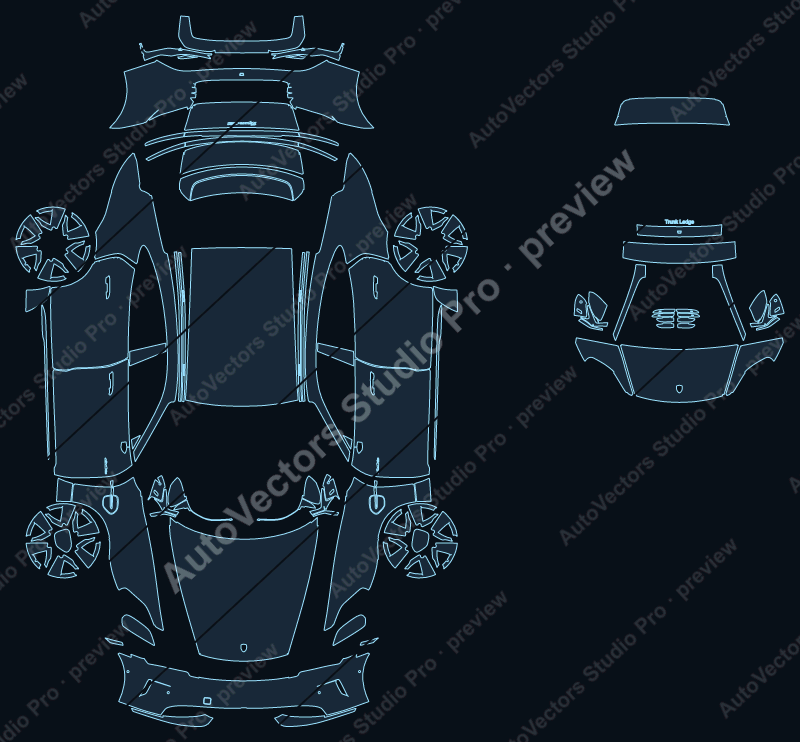 Porsche Taycan GTS J1 2025 sedan precut PPF pattern – watermarked preview from the cutting software