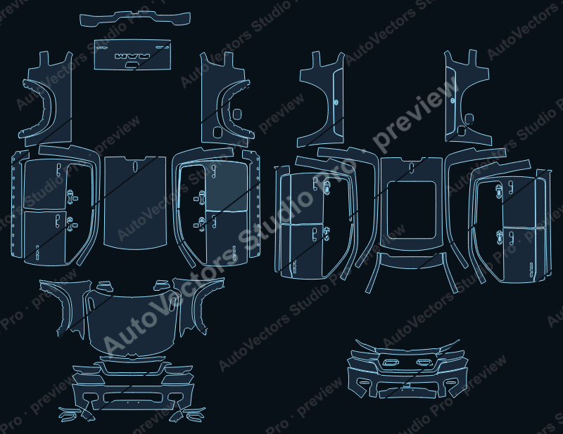 Ram 1500 Big Horn 2025 precut PPF pattern – watermarked preview from the cutting software
