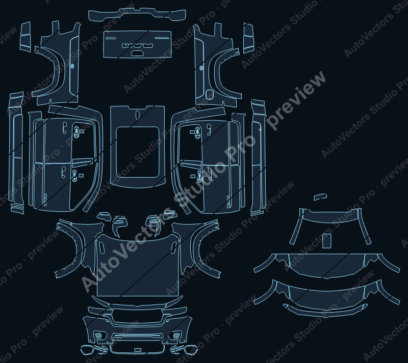 Ram 1500 Tungsten 2025 precut PPF pattern – watermarked preview from the cutting software