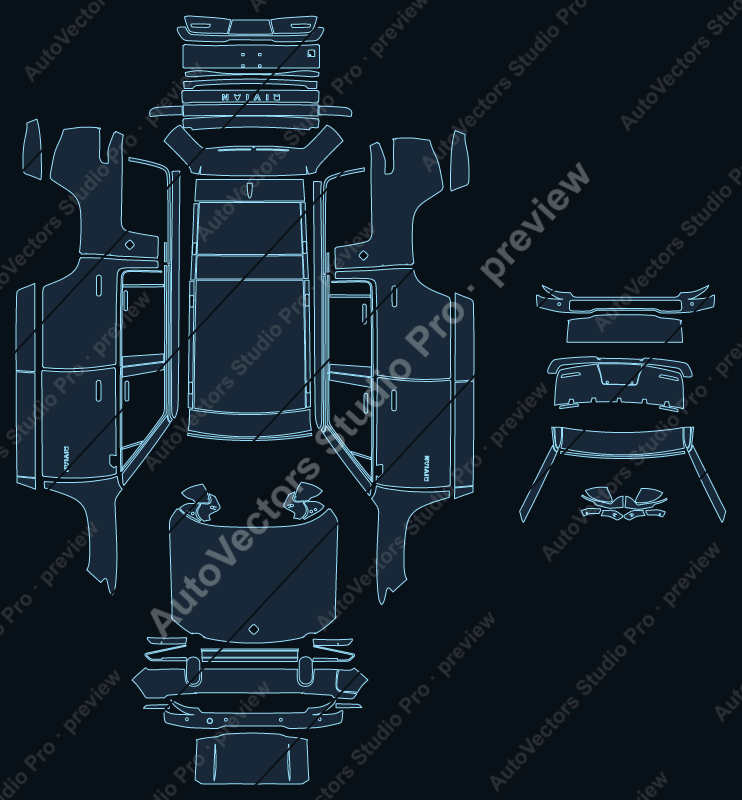 Rivian R1S Base 2026 precut PPF pattern – watermarked preview from the cutting software