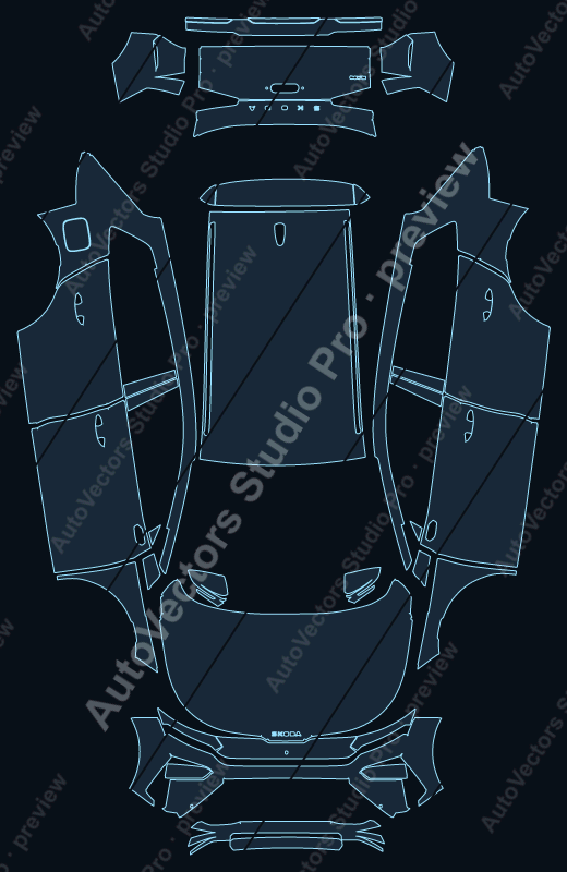Skoda Elroq SportLine 2025 precut PPF pattern – watermarked preview from the cutting software
