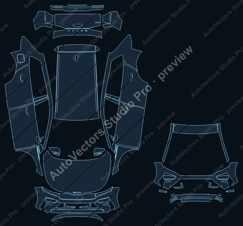 Skoda Elroq VRS 2025 precut PPF pattern – watermarked preview from the cutting software
