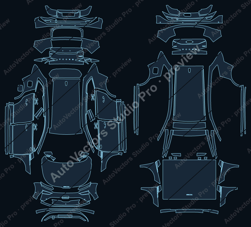 Skoda Enyaq Base 2025 SUV precut PPF pattern – watermarked preview from the cutting software