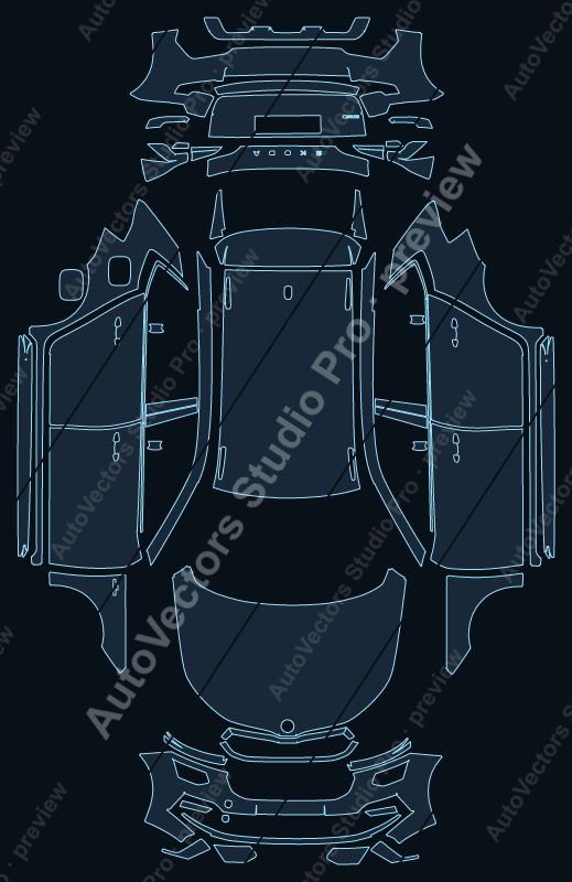 Skoda Kamiq Base 2026 precut PPF pattern – watermarked preview from the cutting software