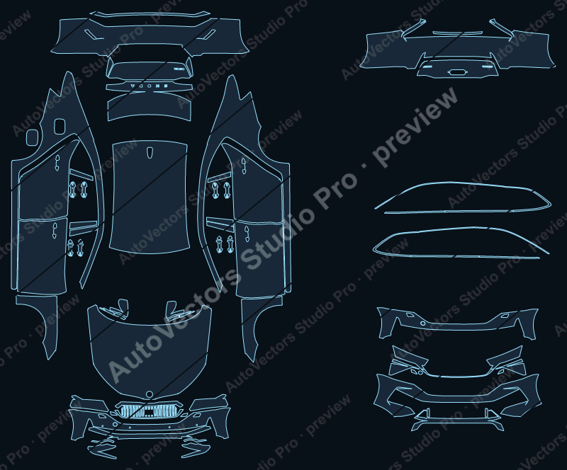 Skoda Octavia Base 2024 precut PPF pattern – watermarked preview from the cutting software