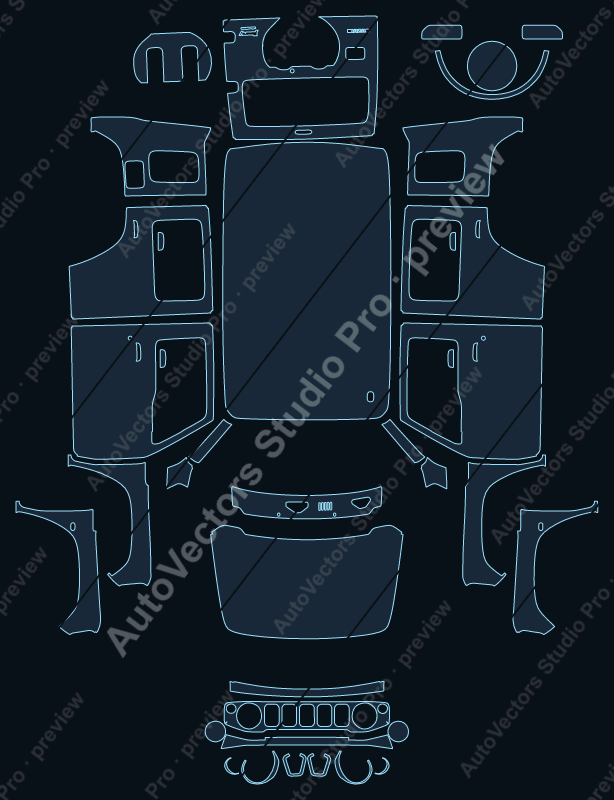 Suzuki Jimny 2019 4-door precut PPF pattern – watermarked preview from the cutting software