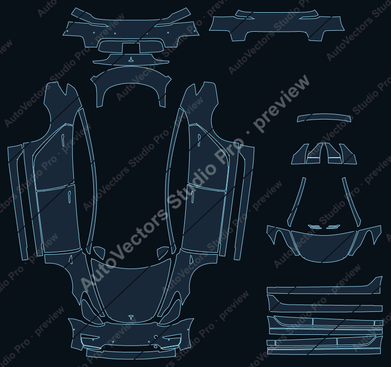 Tesla Model 3 2017 sedan full kit precut PPF pattern – watermarked preview from the cutting software