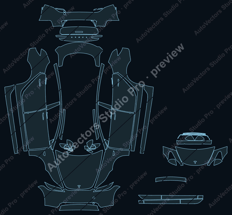 Tesla Model 3 Base 2024 full kit precut PPF pattern – watermarked preview from the cutting software