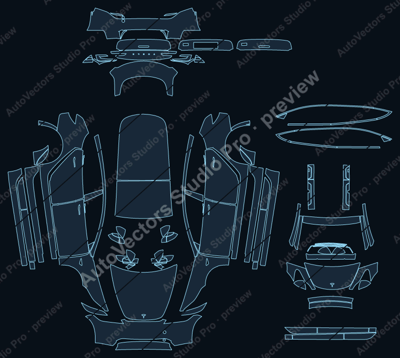 Tesla Model 3 Base 2024 full kit precut PPF pattern – watermarked preview from the cutting software