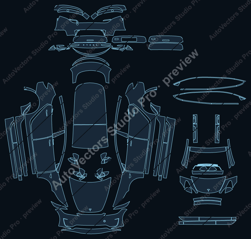 Tesla Model 3 Performance 2024 full kit precut PPF pattern – watermarked preview from the cutting software