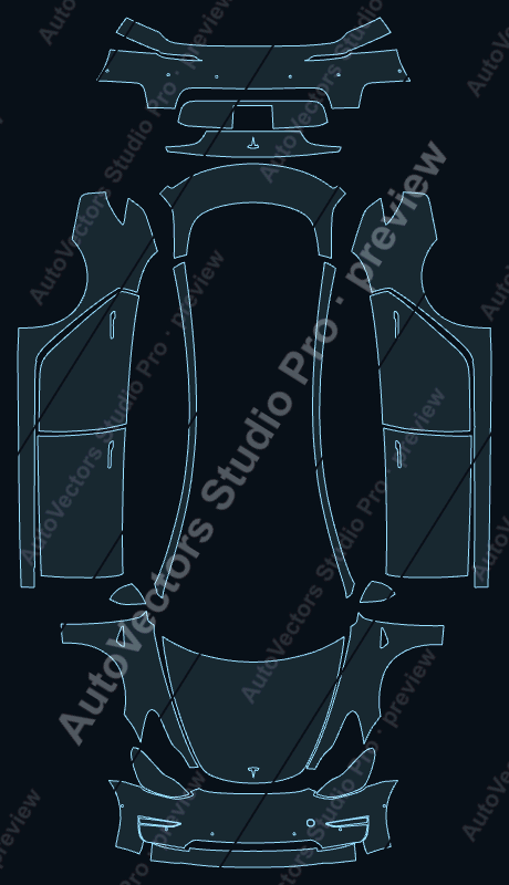 Tesla Model 3 V1 2018 sedan precut PPF pattern – watermarked preview from the cutting software