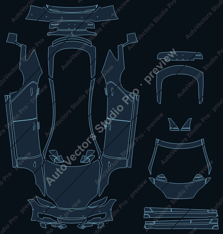 Tesla Model S 2017 sedan full kit precut PPF pattern – watermarked preview from the cutting software