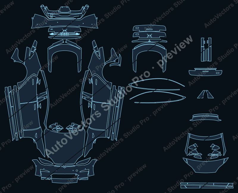 Tesla Model S 2021 sedan full kit precut PPF pattern – watermarked preview from the cutting software