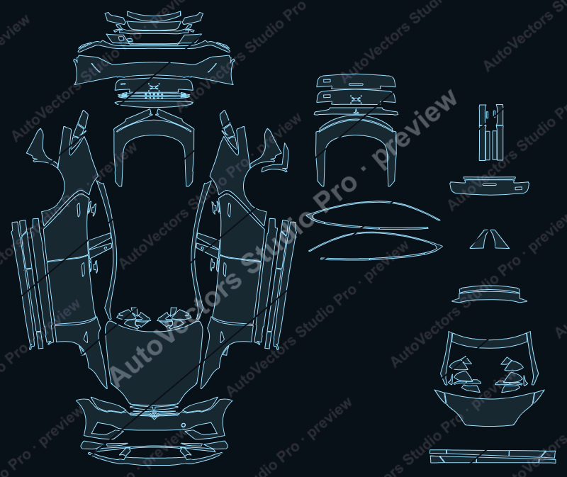 Tesla Model S 2021 sedan full kit precut PPF pattern – watermarked preview from the cutting software