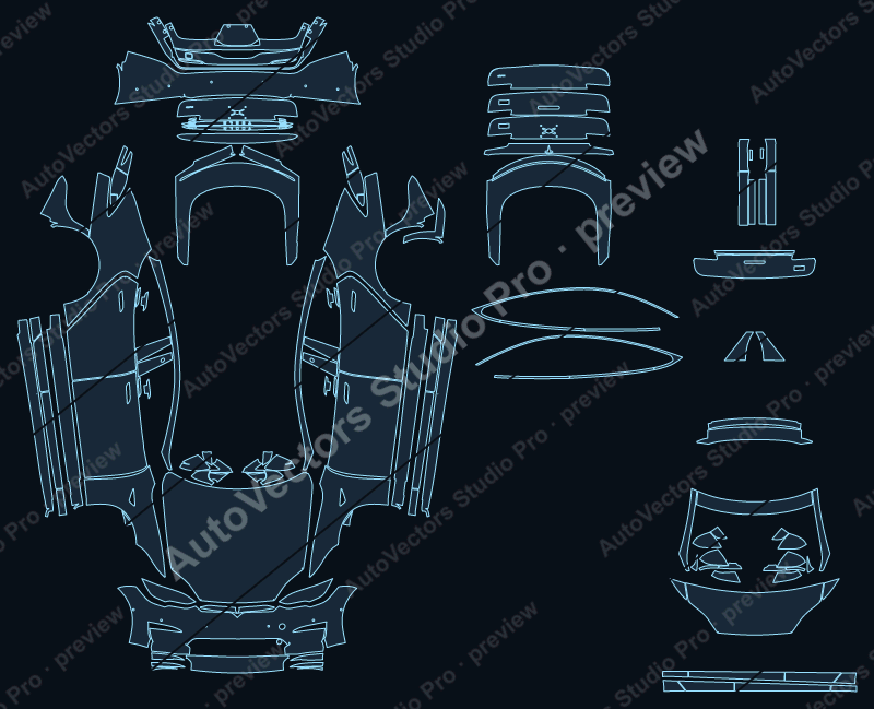 Tesla Model S Long Range Plaid 2021 sedan precut PPF pattern – watermarked preview from the cutting software