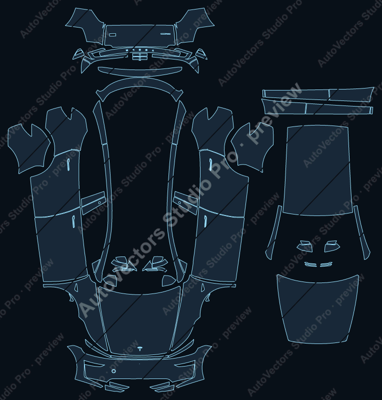Tesla Model Y Base 2025 full kit precut PPF pattern – watermarked preview from the cutting software