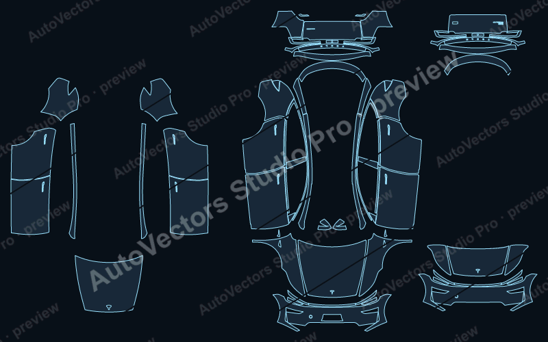 Tesla Model Y Juniper 2025 precut PPF pattern – watermarked preview from the cutting software