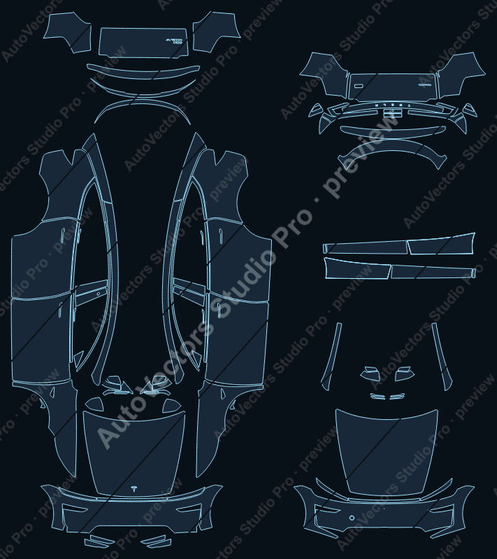 Tesla Model Y L 2025 precut PPF pattern – watermarked preview from the cutting software