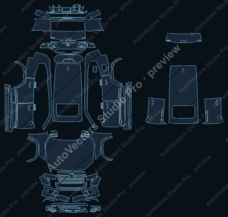 Toyota Land Cruiser GXR Modellista LC300 2023 precut PPF pattern – watermarked preview from the cutting software