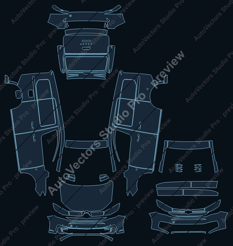 Volkswagen Caddy Cargo 2020 van precut PPF pattern – watermarked preview from the cutting software