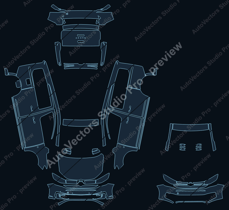 Volkswagen Caddy Life 2021 van precut PPF pattern – watermarked preview from the cutting software