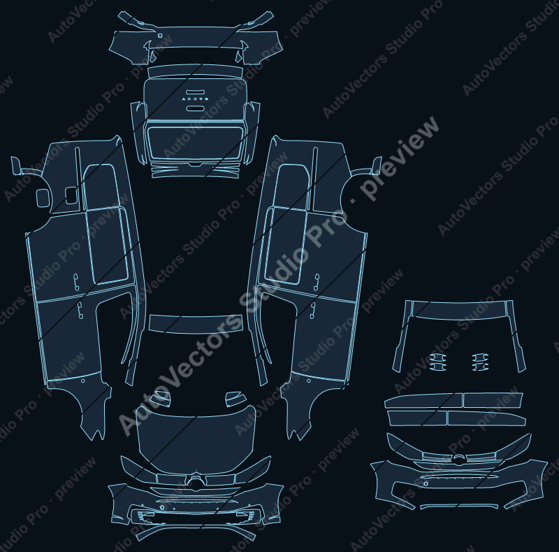 Volkswagen Caddy Maxi Cargo 2020 van precut PPF pattern – watermarked preview from the cutting software