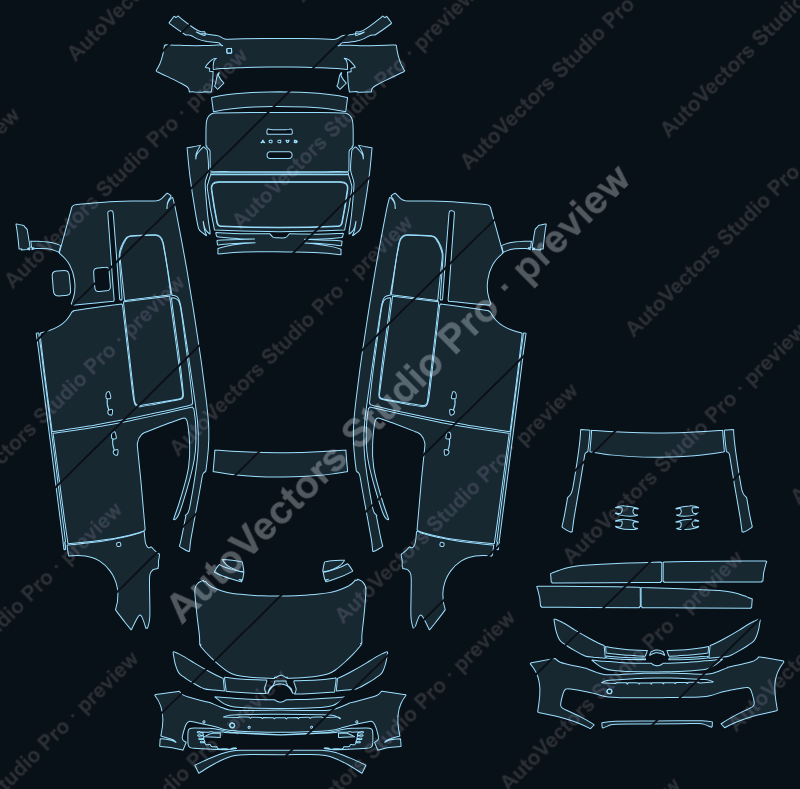 Volkswagen Caddy Maxi Cargo 2020 van precut PPF pattern – watermarked preview from the cutting software