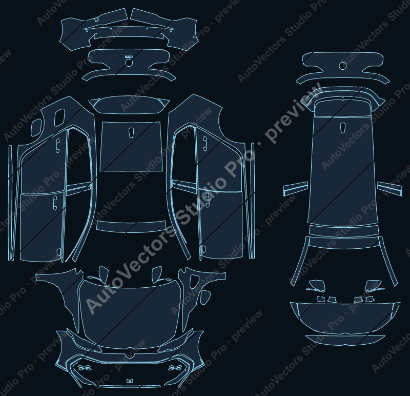Volkswagen Golf GTE 2025 precut PPF pattern – watermarked preview from the cutting software