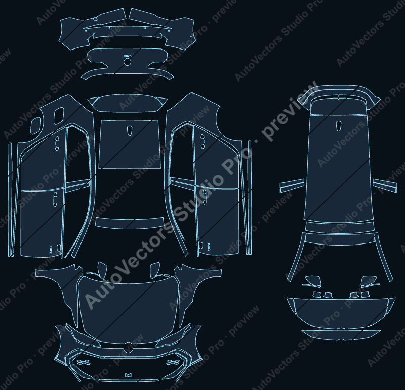 Volkswagen Golf GTI 2025 precut PPF pattern – watermarked preview from the cutting software