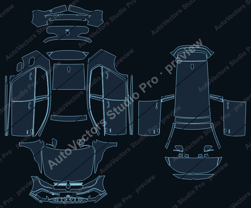 Volkswagen Golf GTI Clubsport 2025 precut PPF pattern – watermarked preview from the cutting software
