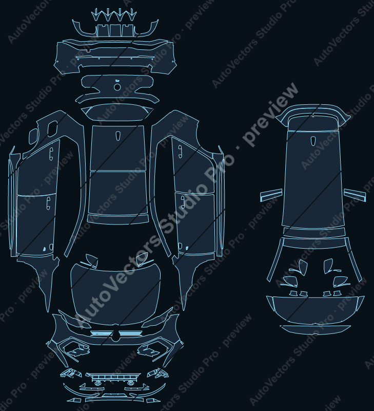 Volkswagen Golf R 2025 precut PPF pattern – watermarked preview from the cutting software