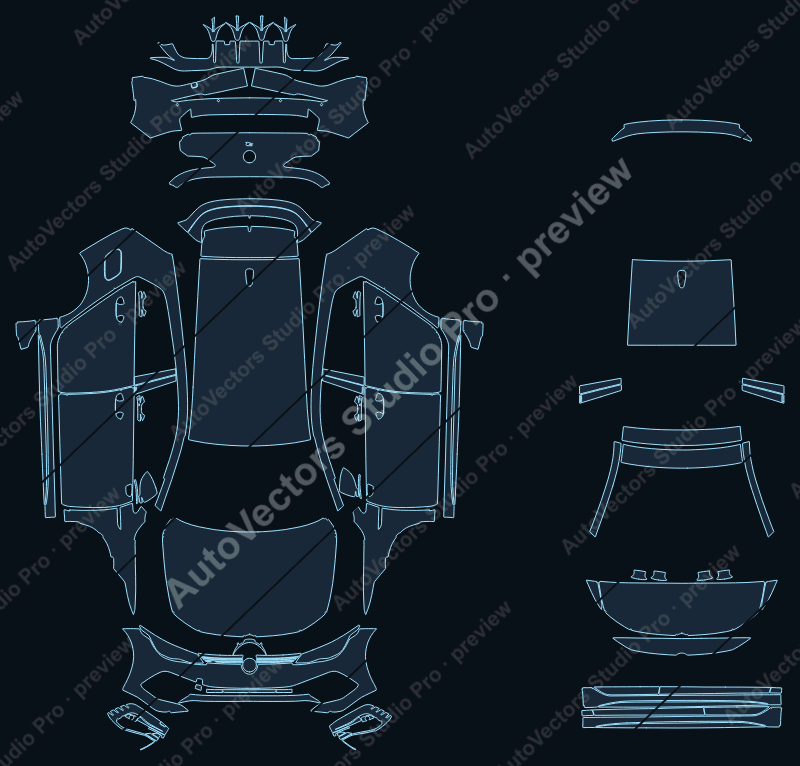 Volkswagen Golf R MK8 2022 hatchback precut PPF pattern – watermarked preview from the cutting software