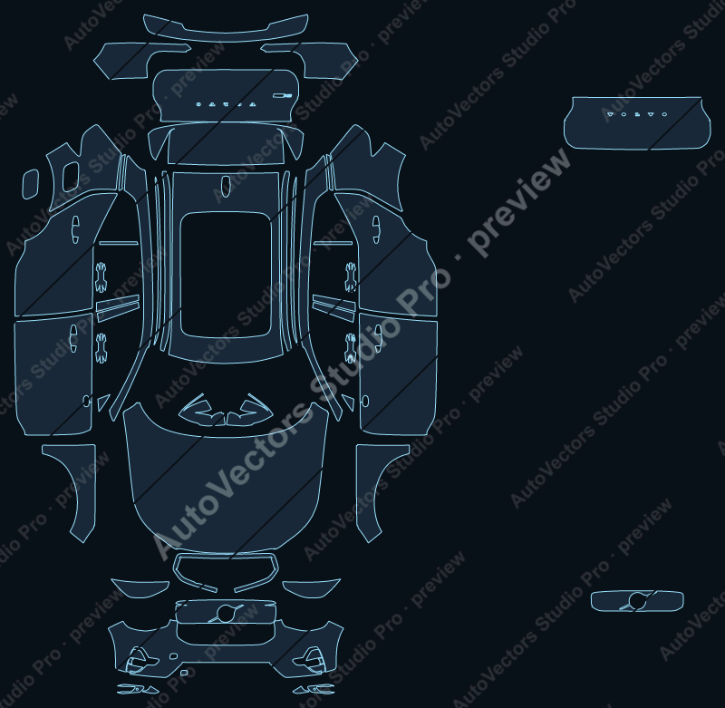 Volvo EX40 Base 2024 precut PPF pattern – watermarked preview from the cutting software
