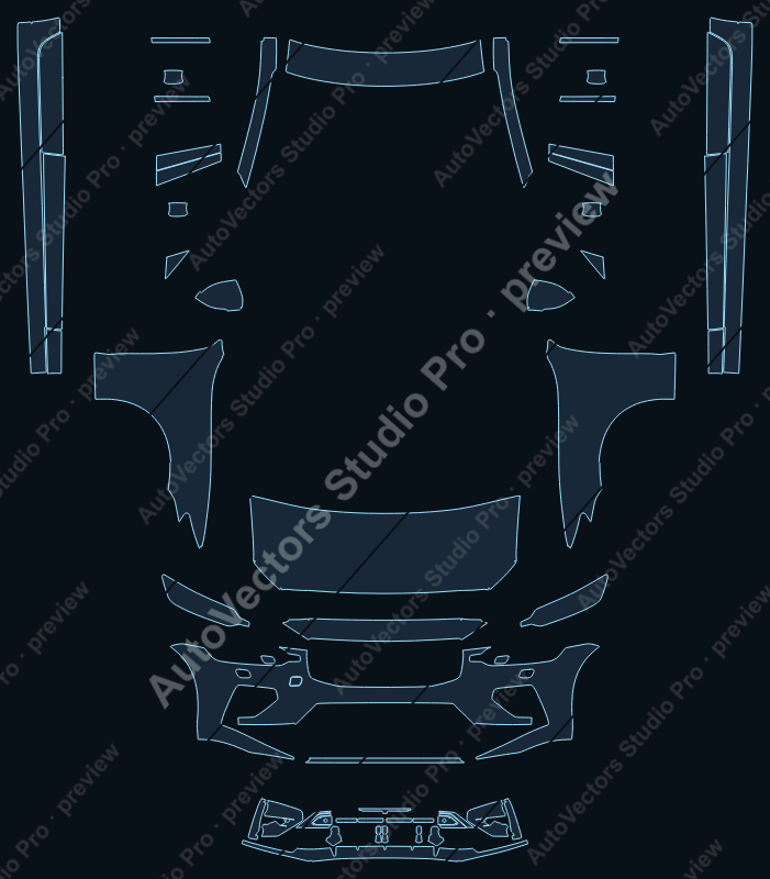 Volvo S60 Polestar Engineered 2020 front kit precut PPF pattern – watermarked preview from the cutting software